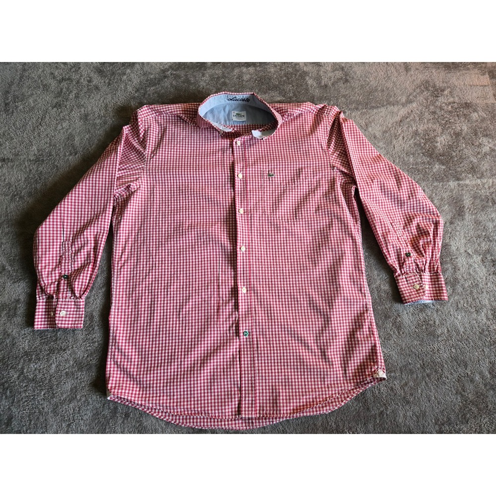Lacoste Button Down Shirt Mens 42 Large Red Gingham Excellent Long Sleeve Logo